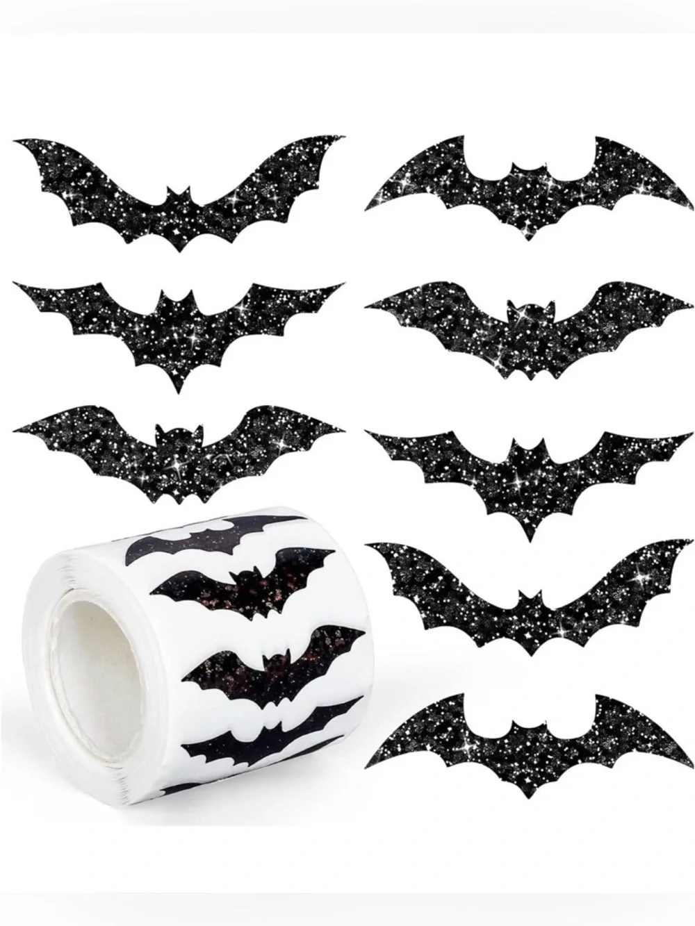 🦇 500 Glitter Bat Stickers Roll | Halloween Seals | Party Favor & Gift Wrap
